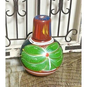 Mexican Clay Water Jug & Cup Hand Paintrd Exotic Flowers & Bird